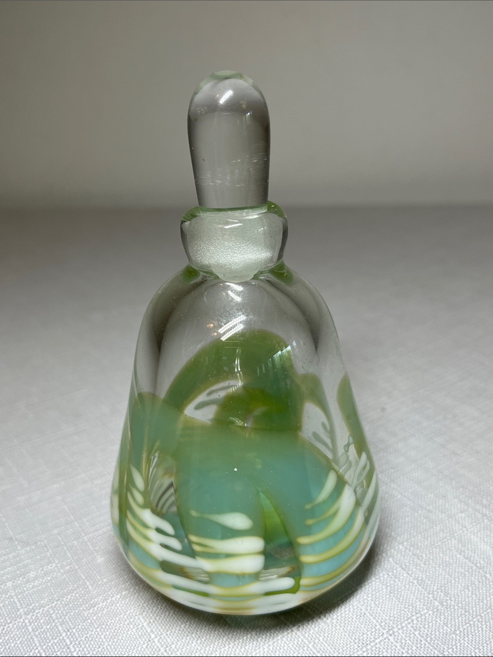 Handblown Art Glass Decorative Perfume Bottle in Pale Green & Aqua
Glass stopper
